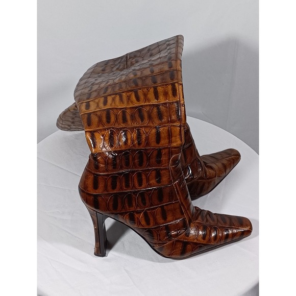 Via Spiga Boots Womens Size 8.5M Brown Croc Embossed Leather Block Heel Italy - Picture 2 of 9